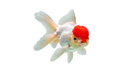 Isolated Oranda goldfish with red cap is a popular, fancy pet in home aquariums and ponds