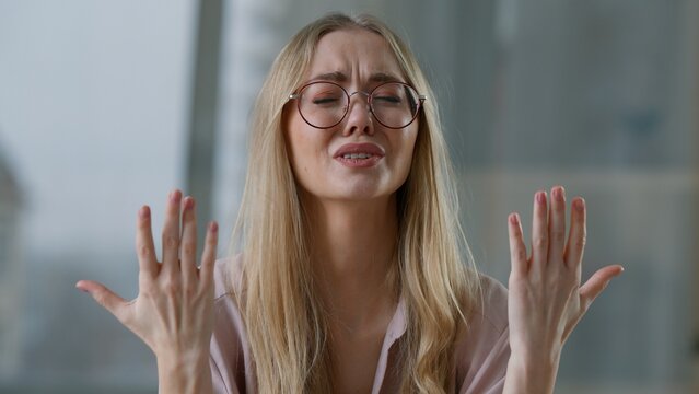 Portrait frustrated stressed crying Caucasian business woman cry suffering blowing nose sniffing suffer businesswoman upset female girl employer problem work problem disappointed feeling bad in office