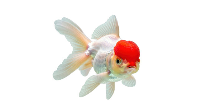 Isolated Oranda goldfish with red cap is a popular, fancy pet in home aquariums and ponds