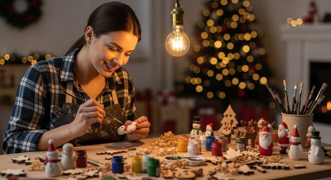 Smiling woman painting wooden Christmas ornaments under a warm edison bulb light