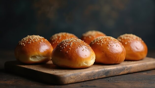 Close up photo of fresh baked brioche buns. Golden bread rolls with sesame seeds placed on rustic wooden board. Artisan bakery cuisine for sandwiches.