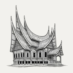 Obraz premium Detailed Pen and Ink Illustration of a Traditional Toraja House in Monochrome