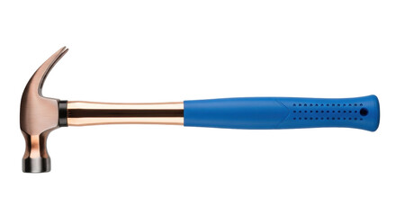 Isolated copper hammer on a neutral surface, construction tool with blue handle and steel head