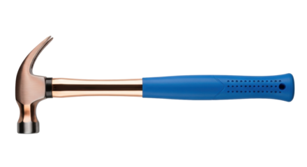 Isolated copper hammer on a neutral surface, construction tool with blue handle and steel head