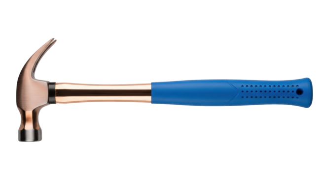 Isolated copper hammer on a neutral surface, construction tool with blue handle and steel head - Powered by Adobe