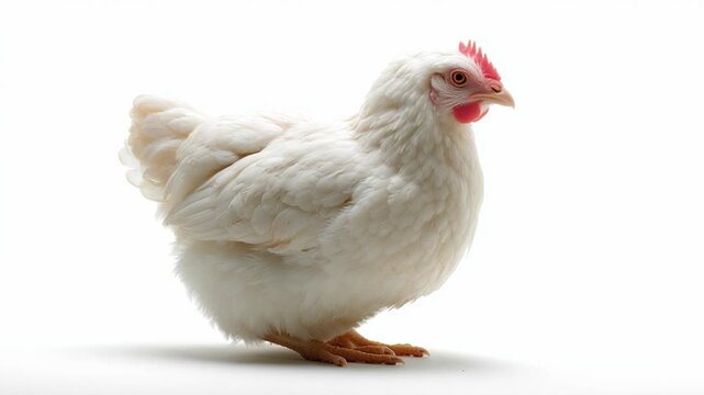 White chicken standing calmly on a light background showcasing its fluffy feathers and red comb