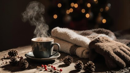 Cozy Winter Scene - Steaming Coffee, Warm Gloves, and Festive Ambiance.