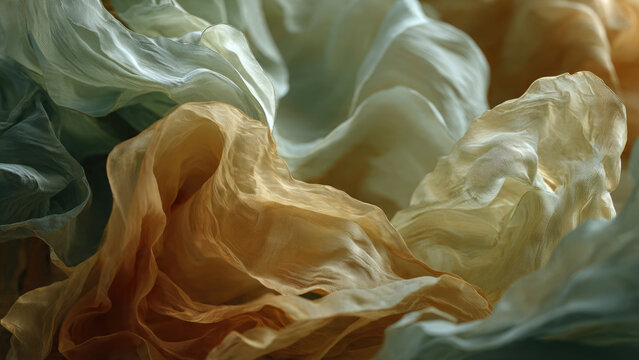 Abstract close-up of elegant, flowing sheer fabric in gentle green and warm gold tones, showcasing delicate drapes and luminous texture.