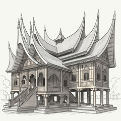 Fototapeta premium Illustrative Rendition of Rumah Gadang Architecture in Line Art Style