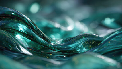 A shimmering abstract display of emerald and teal waves, featuring glossy, fluid textures with golden particulate accents and soft bokeh lighting.