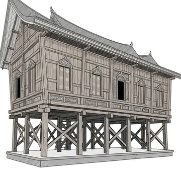 Illustrative depiction of a traditional wooden stilt house architecture