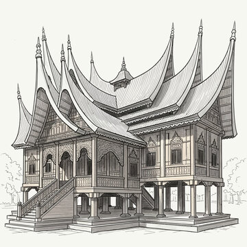 Illustrative Rendition of Rumah Gadang Architecture in Line Art Style