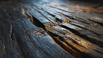 Obraz premium Close-up of deeply weathered, dark wood with prominent cracks and rich texture. Sunlight highlights the aged grain, revealing rustic beauty.