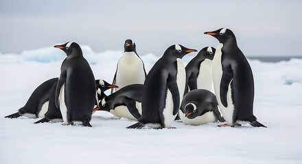 Obraz premium Gentoo penguins gathering on antarctic ice wildlife photography scenic polar animal bird colony nature travel