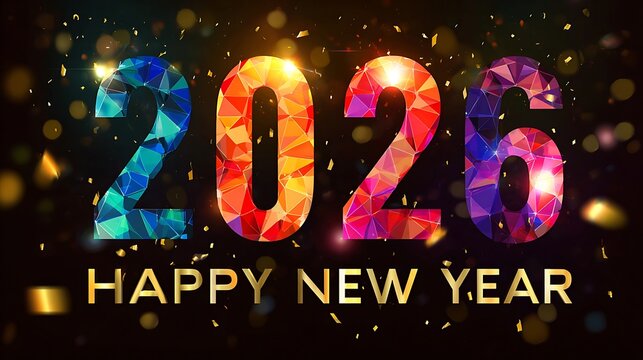 Faceted Gem-Style 2026 Numbers with Colorful “HAPPY NEW YEAR” Text and Festive Confetti
