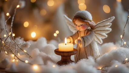 Christmas felt angel lighting candle in soft snowy setting with golden lights, handmade holiday decoration symbolizing peace, warmth and spiritual beauty
