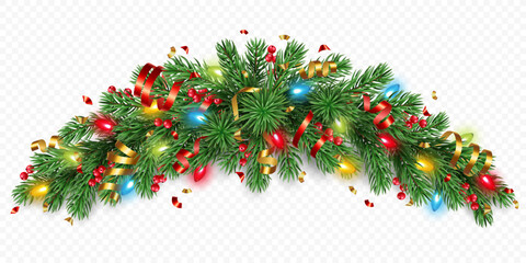 Vector realistic pine tree branches with golden and red confetti, ribbons, berries and lights isolated on a transparent background. Holiday Christmas tree garland for winter decoration banner, poster,