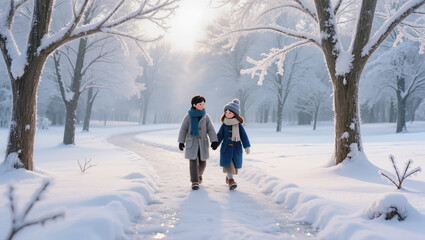Christmas felt couple walking hand in hand in snowy park with frosted trees, peaceful winter scene with handmade wool figures and soft light