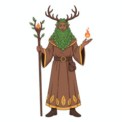 Fototapeta premium Mystical Forest Wizard Holding Staff and Fire.