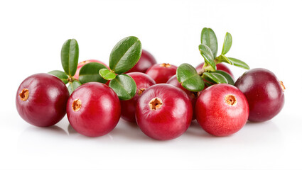 Fresh ripe cranberries with green leaves isolated on white background. Close-up of juicy red berries with smooth texture and natural shine.
