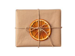 Christmas eco gift box wrapped in striped kraft paper with dried orange slice and tied with twine, isolated on white or transparent background