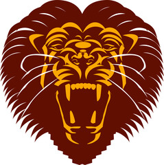 Stylized roaring lion head mascot in brown and yellow vector art