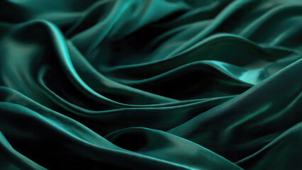 Obraz premium Elegant folds of shimmering teal-green satin fabric create a captivating, flowing texture with deep shadows and luminous highlights.