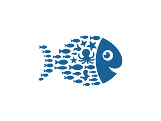 School of blue fish forming a larger fish shape with octopus and stars