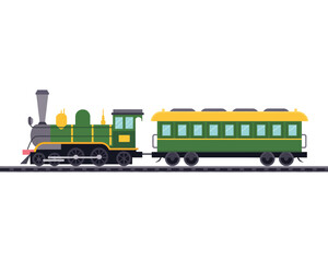 Vintage green steam train with yellow passenger car on tracks