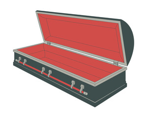 Open dark coffin with red interior and silver handles on white