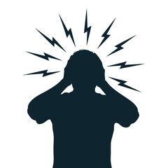 Silhouette of person holding head with lightning bolts, symbolizing stress