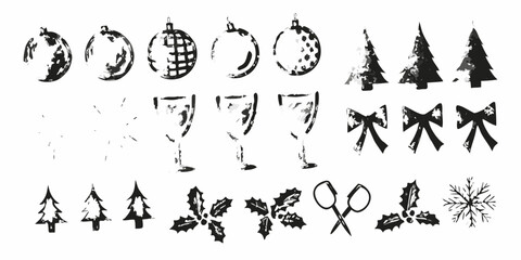 Hand drawn christmas ornaments trees holly and more in black and white