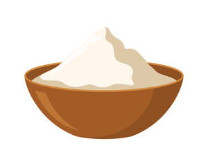 Heap of white flour in a rustic brown bowl isolated on white