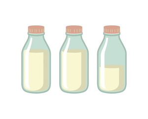 Three glass bottles filled with milk and pink caps isolated.
