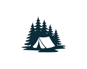 Camping tent silhouette amidst pine trees in the wilderness setting.