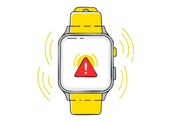 A smartwatch displays an alert with a flashing red triangle and radiating waves.  Bright, modern design.  Ideal for technology, safety, and notification concepts.
