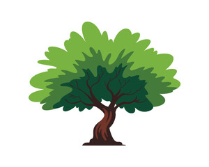 Cartoon illustration of a vibrant green tree with a brown trunk and branches