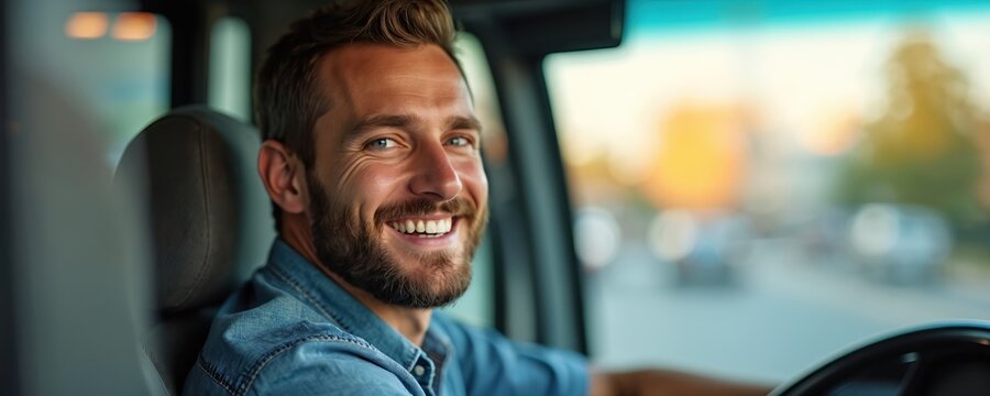 Happy bus driver in the cabin looks at the camera. A man smiles friendly while driving the public transport vehicle on city street. Portrait of a cheerful person at work.