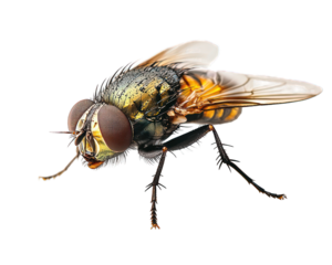Fly close-up, metallic green body, striped abdomen, large eyes, delicate wings
