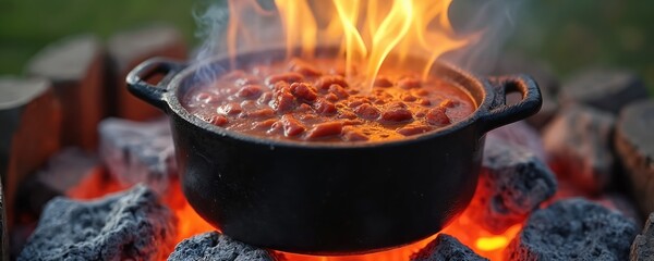 Cast iron pot with chili simmers over glowing hot coals outdoors. Flames rise from the bubbling red stew. Smoky aroma fills air. Hearty meal preparation, outdoor cooking, rustic comfort food.