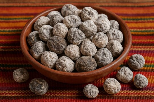 Chuno and moraya in a bowl on a traditional fabric. Andean cuisine with dry and freeze-dried potato. Indigenous food concept.