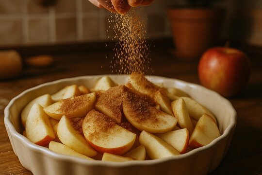 Woman hand sprinkling cinnamon sugar over sliced apple for baking. Preparing healthy food, homemade pie, or dessert. Cooking fruit dish process.