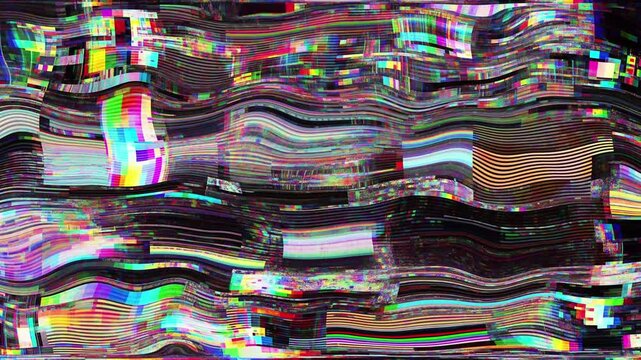 Abstract digital glitch art featuring distorted, colorful shapes and patterns, resembling a corrupted video signal.