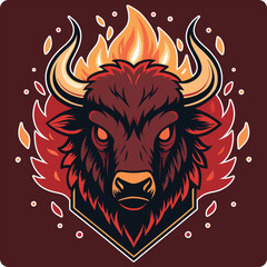 A powerful and furious bull head mascot surrounded by intense burning flames