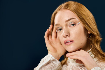 Captivating young woman showcasing elegance with sparkling details and gentle expression