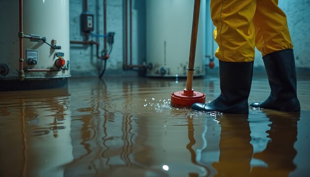 Plumber removes flood using plunger in wet basement. Person in water boots cleans sewer drainage clog in flooded room near plumbing system. Home restoration after water pipe accident. Emergency