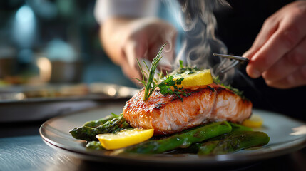 Chef plating grilled salmon with asparagus and lemon, fine dining kitchen pass, steam rising, culinary art, with copy space