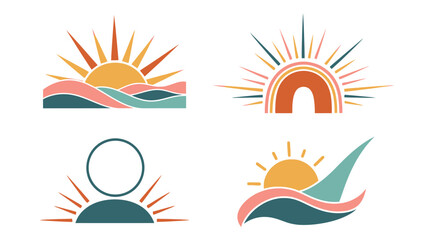 Stylized sun and landscape designs in a minimalist aesthetic