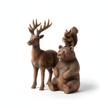 A set of rustic, hand-carved wooden animals (reindeer, bear, squirrel) clustered together. Isolated in white background