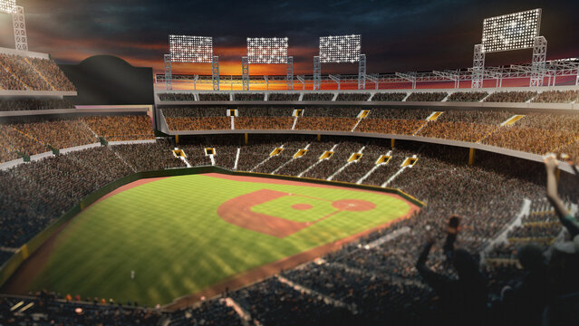 3D rendered baseball stadium at sunset with packed crowd and glowing lights. Concept of major league atmosphere, fan excitement, competitive energy, and immersive sports visuals.